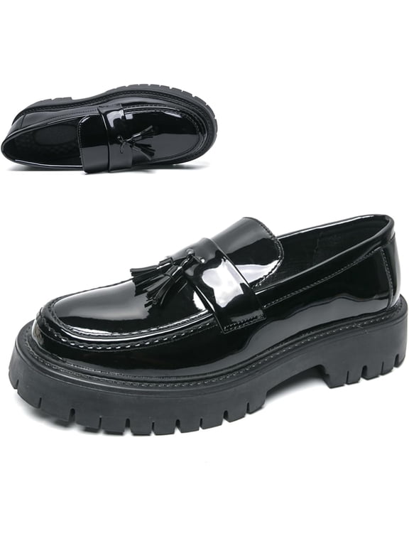 Men's Patent Leather Tassel Chunky Platform Dress Loafers Classic Slip-On Lug Sole Business Work Formal Shoes Daily Breathable Non-Slip Penny Casual Shoes