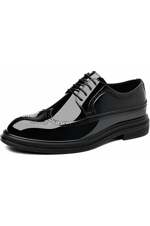 Men's Patent Leather Wingtip Brogue Lace-up Oxford Shoes Classic Pointed Toe Retro Carving Low Chunky Heel Derby Shoes Wedding Business Formal Party Dress Shoes