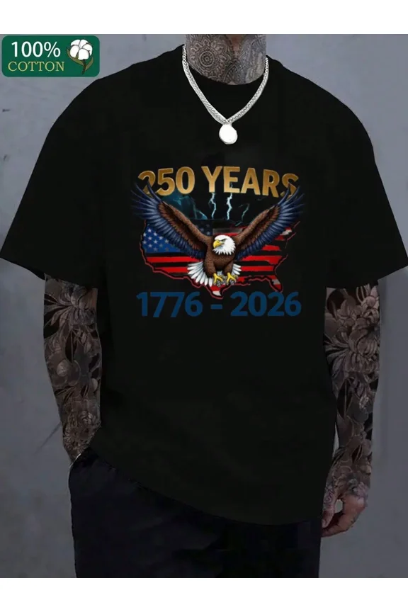 Men's Patriotic 250 Years 1776-2026 Bald Eagle American Flag Cotton Short Sleeve T-Shirt