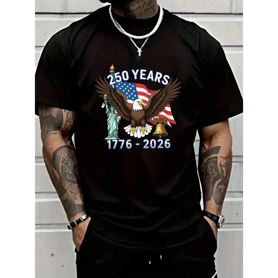 Men's Patriotic 250 Years USA Anniversary T-Shirt 1776-2026 American Flag Bald Eagle Graphic Tee Retro Independence Day Celebration Apparel