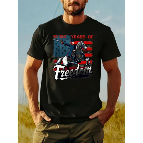 Men's Patriotic 250 Years of Freedom Graphic T-Shirt American Flag Horse Rider Short Sleeve Tee Black
