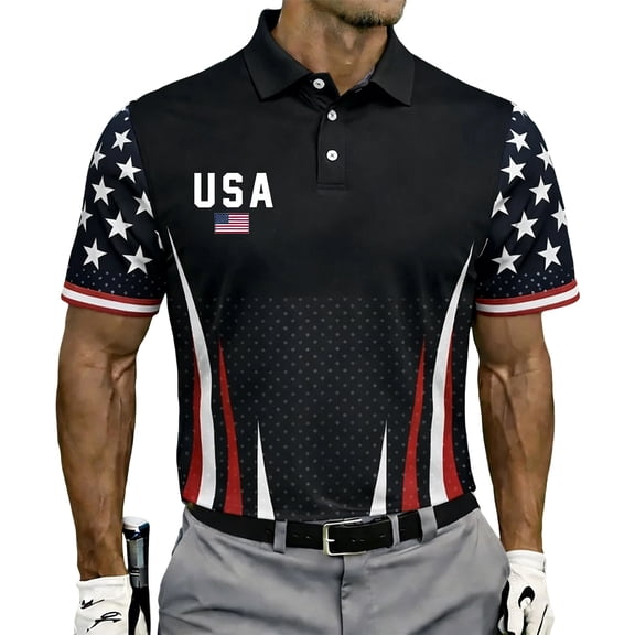 Men's Patriotic 4th of July Polo Shirt USA Flag Print Short Sleeve Turn Down Collar Classic Fit Button Front for Summer Outdoor Activities 250th Anniversary Inspired Black M