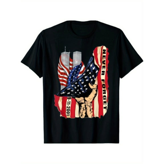 Men's Patriotic 911 American Flag T-Shirt - Never Forget Design, Black Cotton Crewneck with Graphic Print, Casual & Comfortable Fit for All Seasons