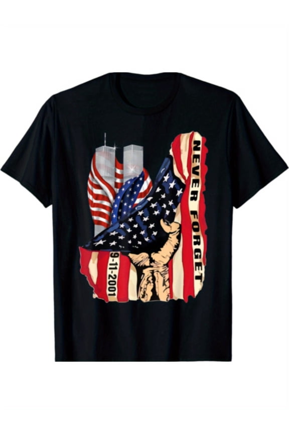 Men's Patriotic 911 American Flag T-Shirt - Never Forget Design, Black Cotton Crewneck with Graphic Print, Casual & Comfortable Fit for All Seasons