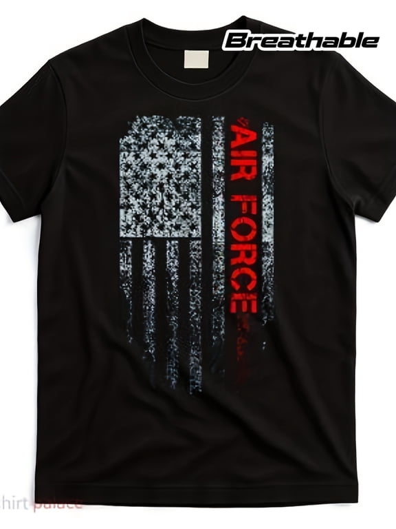 Men's Patriotic Air Force American Flag T-Shirt Distressed Military Veteran Black Short Sleeve Tee Performance Breathable Top