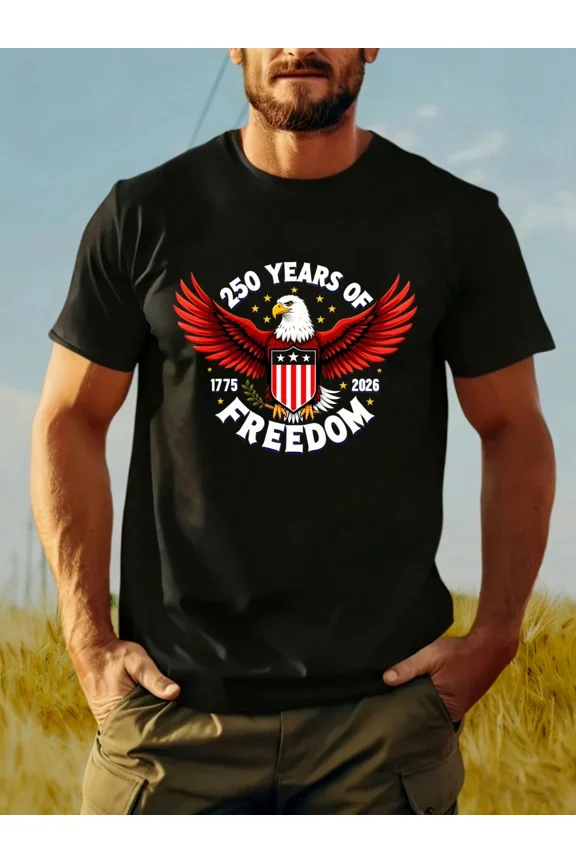 Men's Patriotic American Eagle T-Shirt - 250 Years of Freedom Graphic Tee - USA Pride Short Sleeve Top - Black