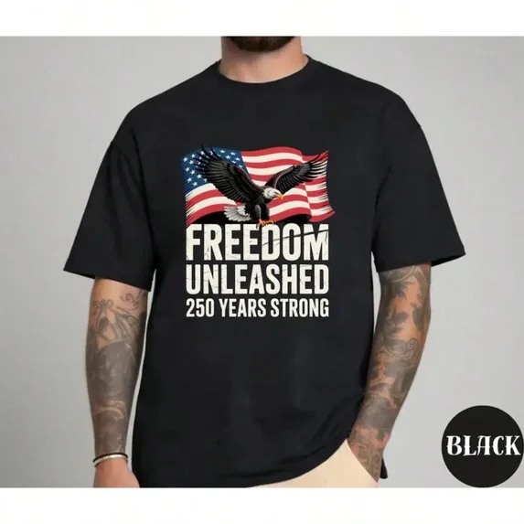 Men's Patriotic American Flag Bald Eagle T-Shirt Freedom Unleashed 250 Years Strong Graphic Tee Black