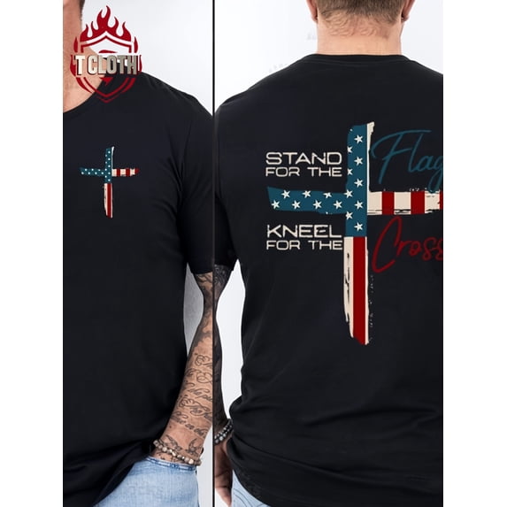 Men's Patriotic American Flag Cross T-Shirt Stand For The Flag Kneel For The Cross Graphic Tee Short Sleeve Cotton Top Retro Religious Faith Apparel
