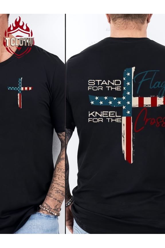 Men's Patriotic American Flag Cross T-Shirt Stand For The Flag Kneel For The Cross Graphic Tee Short Sleeve Cotton Top Retro Religious Faith Apparel