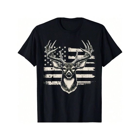 Men's Patriotic American Flag Deer Buck Hunting Graphic T-Shirt, Vintage Distressed Style