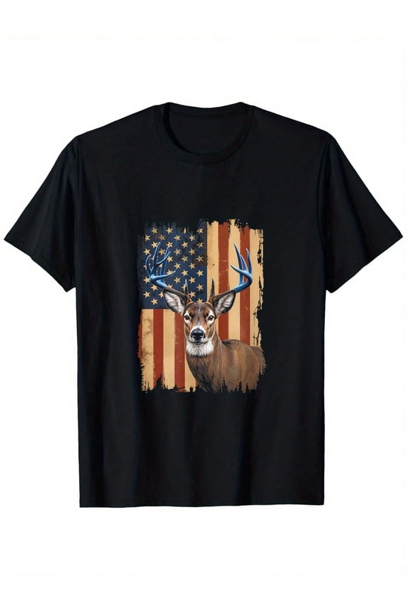 Men's Patriotic American Flag Deer Graphic T-Shirt Vintage Hunting Buck Tee