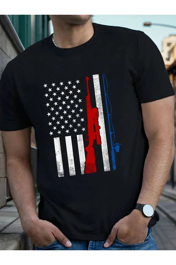 Men's Patriotic American Flag Hunting and Fishing Graphic T-Shirt Black