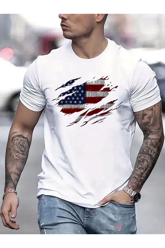 Men's Patriotic American Flag T-Shirt Vintage Ripped USA Graphic Tee Retro Short Sleeve White Cotton Blend Top for Independence Day 4th of July