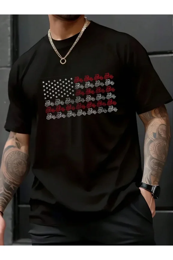 Men's Patriotic American Flag Tractor Graphic T-Shirt Retro Farmer USA Pride Short Sleeve Tee Casual Black Top