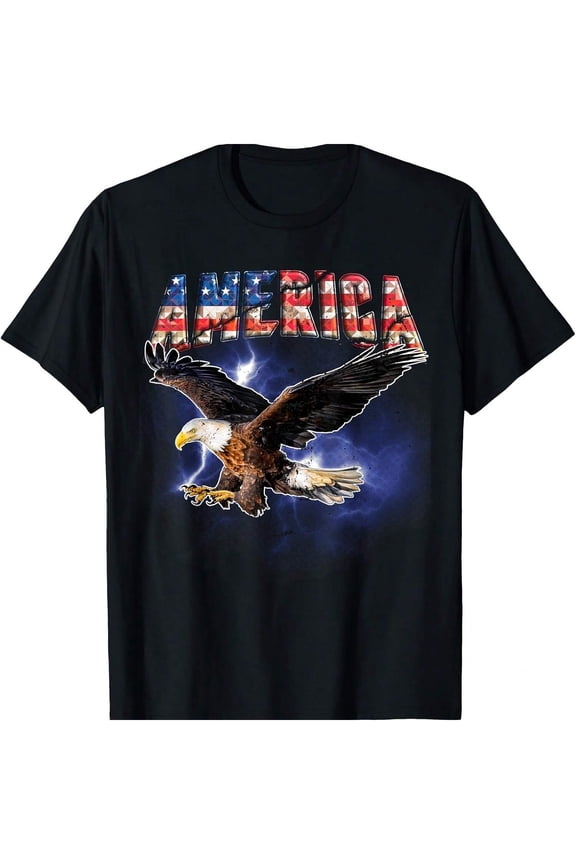 Men's Patriotic Bald Eagle America Flag Graphic T-Shirt Short Sleeve Black