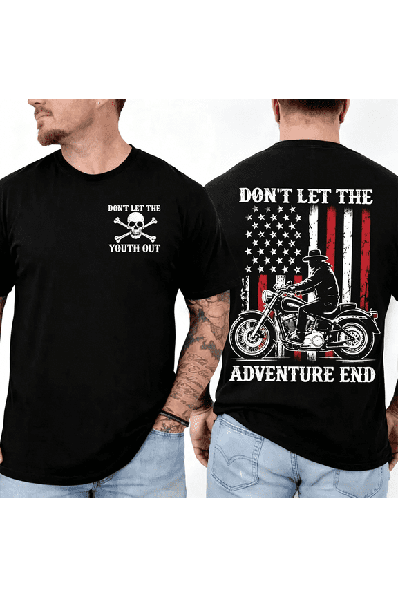 Men's Patriotic Biker Tee, Vintage USA Flag Rider Motorcycle Skull Graphic T-Shirt Don't Let The Adventure End Double Print Gift For Motorcycle Dad Bikers