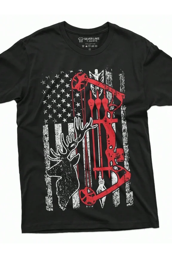 Men's Patriotic Bowhunting T-Shirt American Flag Deer Buck Archer Graphic Tee