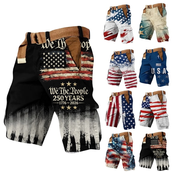 Men's Patriotic Cargo Shorts With In God We Trust And Cross Print Featuring Statue Of Liberty Graphic And American Flag Pattern Deep Red XXXL