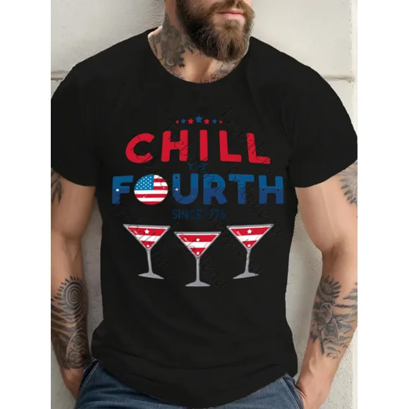 Men's Patriotic "Chill The Fourth Since 1776" T-Shirt - Red White & Blue Cocktail Print, 100% Cotton Regular Fit Short Sleeve Round Neck Tee