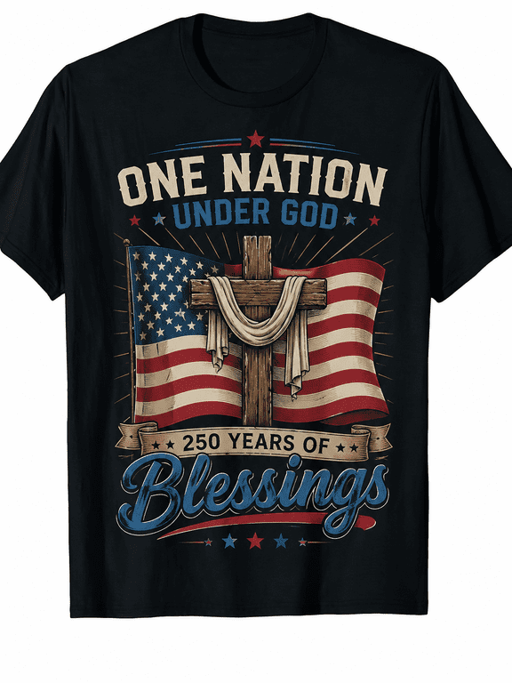Men's Patriotic Christian Cross Graphic T-Shirt, Vintage American Flag Faith Tee, 250 Years Celebration Short Sleeve Crew Neck Casual Shirt