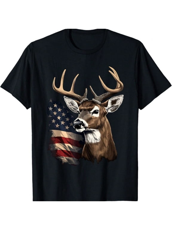 Men's Patriotic Deer Hunting T-Shirt - 100% Cotton, Whitetail Buck & Design, Regular Fit