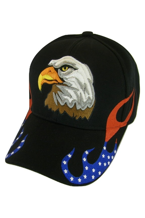 Men's Patriotic Flames Large Eagle USA Adjustable Baseball Cap (Black)