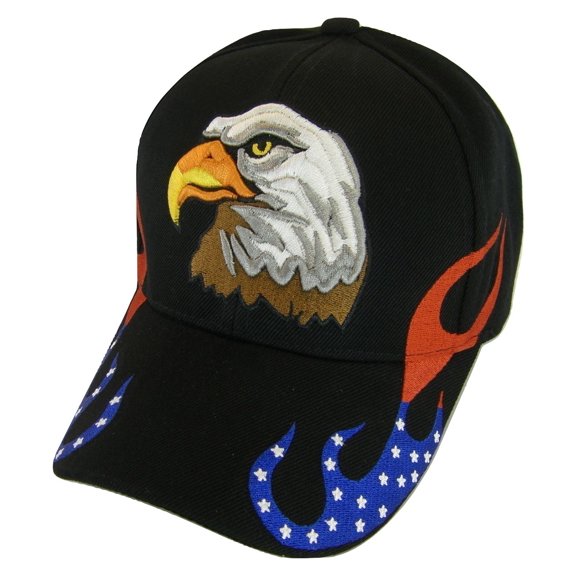 Men's Patriotic Flames Large Eagle USA Adjustable Baseball Cap (Black)