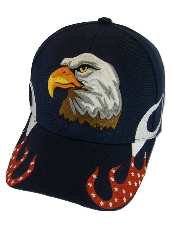 Men's Patriotic Flames Large Eagle USA Adjustable Baseball Cap (Navy)