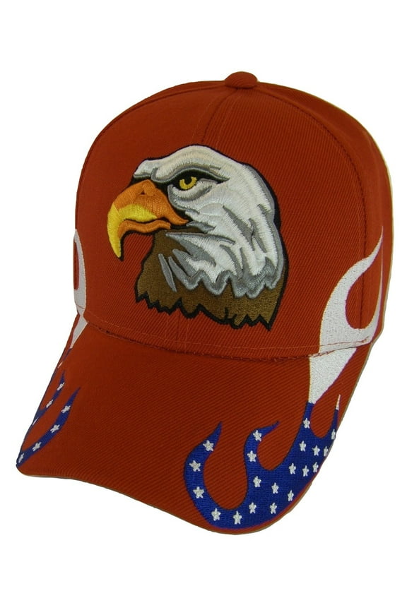 Men's Patriotic Flames Large Eagle USA Adjustable Baseball Cap (Red)