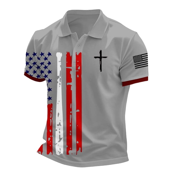 Men's Patriotic Graphic Print Casual Polo Shirt, Short Sleeve Independence Day Design with Moisture-Wicking Fabric for Daily Use ,Light Gray S