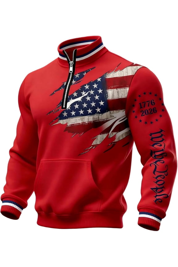 Men's Patriotic Half-Zip Sweatshirt, We The People Pullover Stand Collar Casual Athletic Sweatshirt with Pocket, 4th of July Sweatshirt