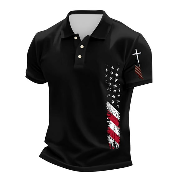 Men's Patriotic Independence Day Polo Collar Short Sleeve T-Shirt - Vintage American Flag Print for 4th of July, BBQ Parties and Casual Summer Outfits,Black L