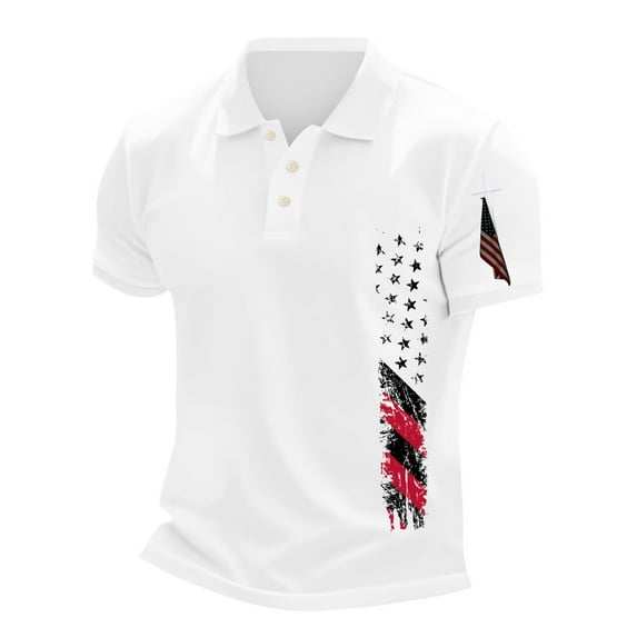 Men's Patriotic Independence Day Polo Collar Short Sleeve T-Shirt - Vintage American Flag Print for 4th of July, BBQ Parties and Casual Summer Outfits,White S