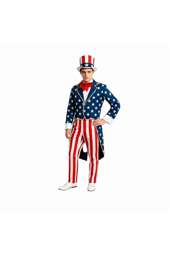 Men’s Patriotic Independence Day Tuxedo Tailcoat Jacket, Red White Blue American Flag Tail Coat for 4th of July Party, Uncle Sam Costume Stage Performance Blazer