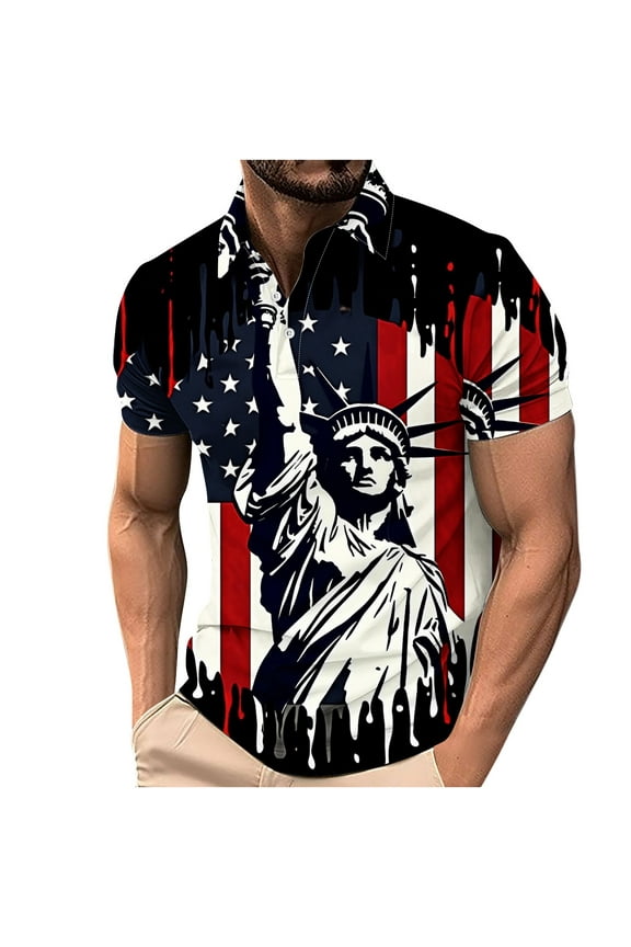 Patriotic Printed Polo Shirts for Men Short Sleeve Turn Down Collar Tops Summer Independence Day Blouses Stars Stripes Tees 4th of July Holiday Tshirts(XS-4XL)