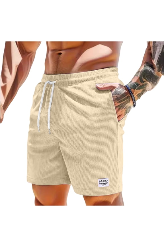 Men's Patriotic Print Loose Beach Shorts, Summer Casual Sports Pants with Quick-Dry Fabric & Elastic Waistband ,Beige L