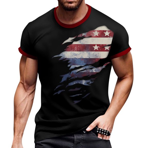 Men's Patriotic Print Open-Fly T-Shirt, Vintage Short Sleeve Top with Unique Button Details ,Black S