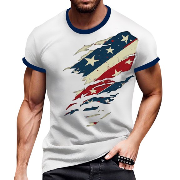 Men's Patriotic Print Open-Fly T-Shirt, Vintage Short Sleeve Top with Unique Button Details ,Light Blue S