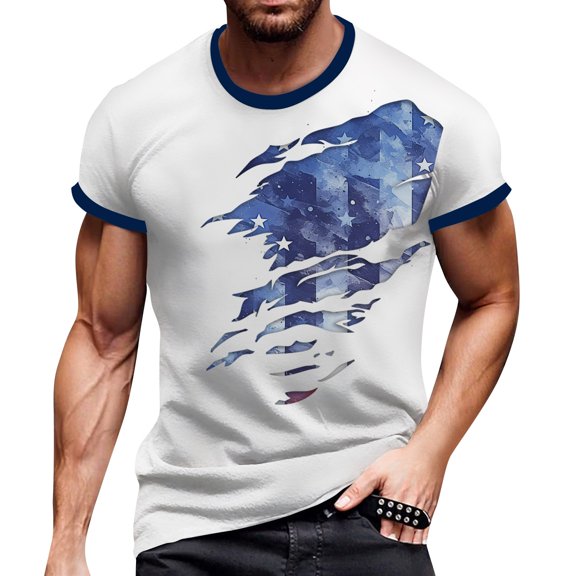 Men's Patriotic Print Open-Fly T-Shirt, Vintage Short Sleeve Top with Unique Button Details ,Sky Blue S