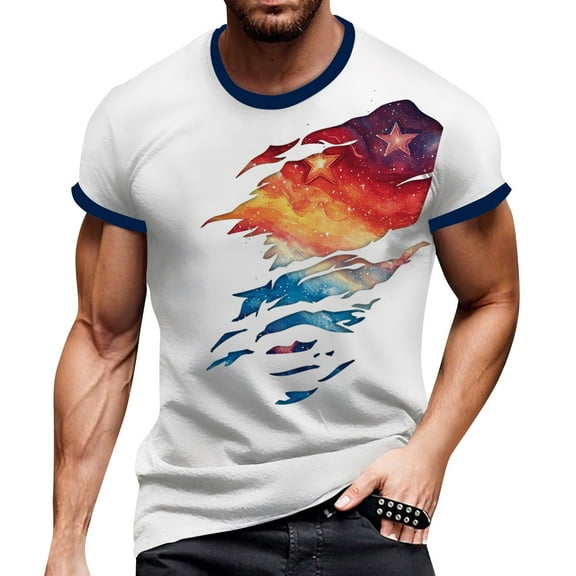 Men's Patriotic Print V-Neck T-Shirt, Short Sleeve Top with Chest Pocket for Workwear and Weekend Style ,Sky Blue S