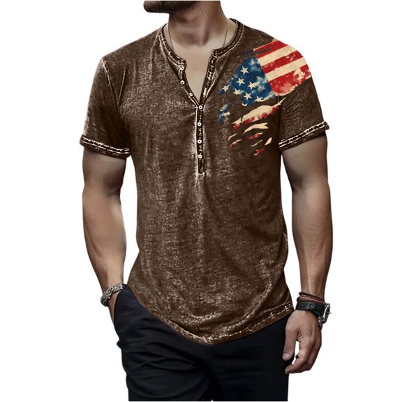 Men's Patriotic Round Neck Short Sleeve T-Shirt, Lightweight Independence Day Printed Tee for Gym, Travel, and Everyday Outfits ,Brown L