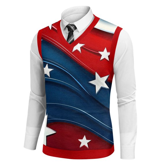 Men's Patriotic Star-Patterned Sleeveless Sweater Vest Red White And Blue Knit V-Neck Tank Top