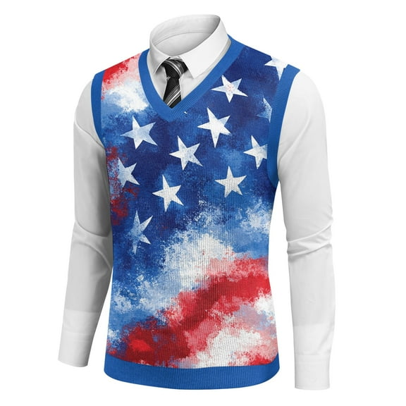 Men's Patriotic Star Stripes Sleeveless V-Neck Tank Top American Flag Inspired Knitwear For Celebrations