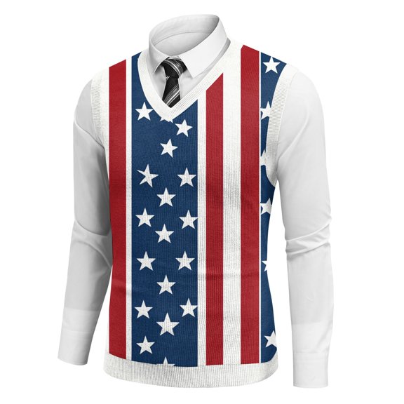 Men's Patriotic Star Stripes Sleeveless V-Neck Tank Top American Flag Inspired Knitwear For Celebrations