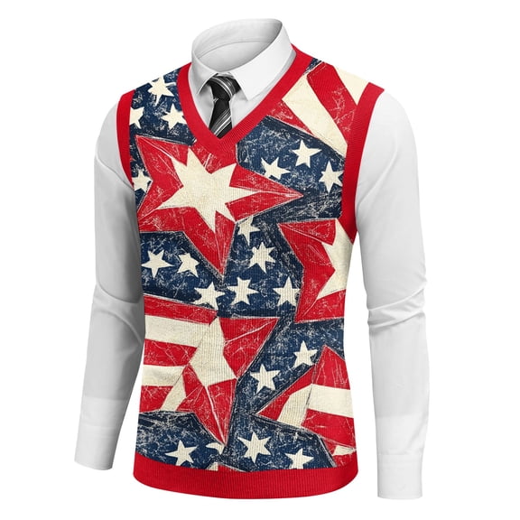 Men's Patriotic Star Stripes Sleeveless V-Neck Tank Top American Flag Inspired Knitwear For Celebrations