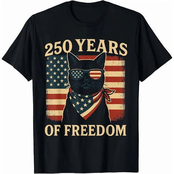 Men's Patriotic US Flag Black Cat 250 Years of Freedom T-Shirt