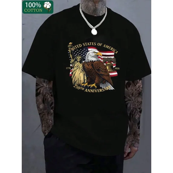 Men's Patriotic USA 250th Anniversary Graphic T-Shirt Black Cotton Short Sleeve Tee
