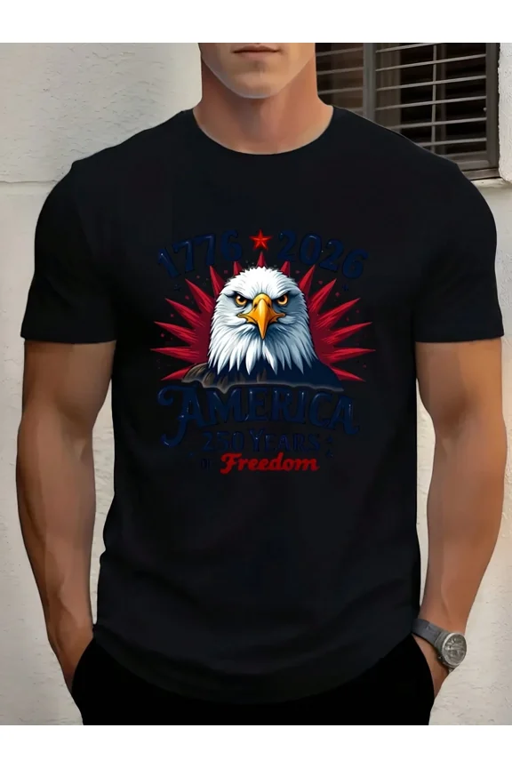 Men's Patriotic USA 250th Anniversary T-Shirt 1776-2026 Bald Eagle Freedom Graphic Tee Black