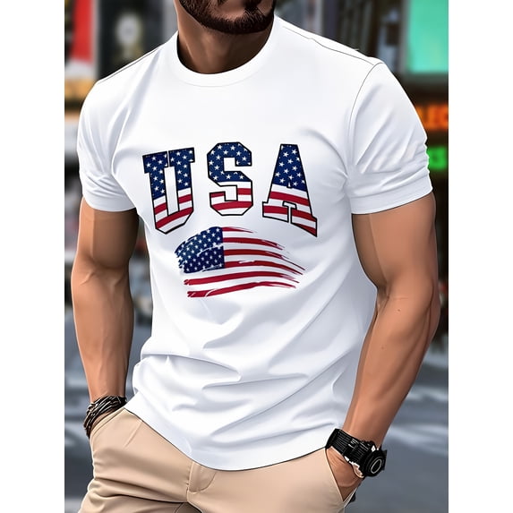 Men's Patriotic USA American Flag Graphic T-Shirt Retro White Short Sleeve Casual Tee Independence Day Apparel