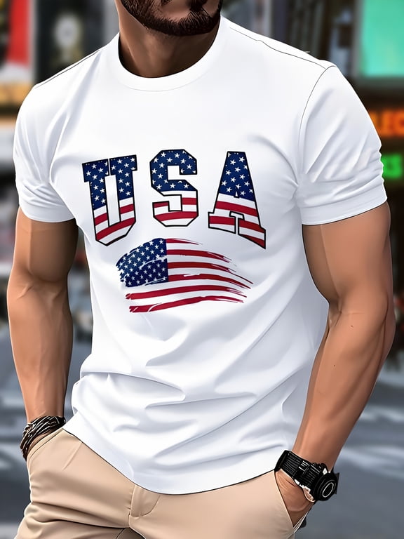Men's Patriotic USA American Flag Graphic T-Shirt Retro White Short Sleeve Casual Tee Independence Day Apparel
